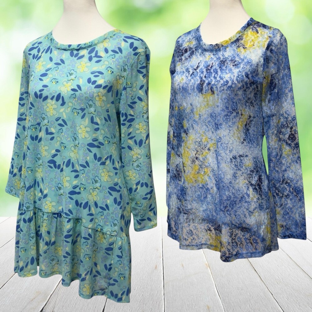 LOGO LAYERS 2Pc Tunic Top Lot Floral Ruffle Lace Mesh Blue Green Size XS